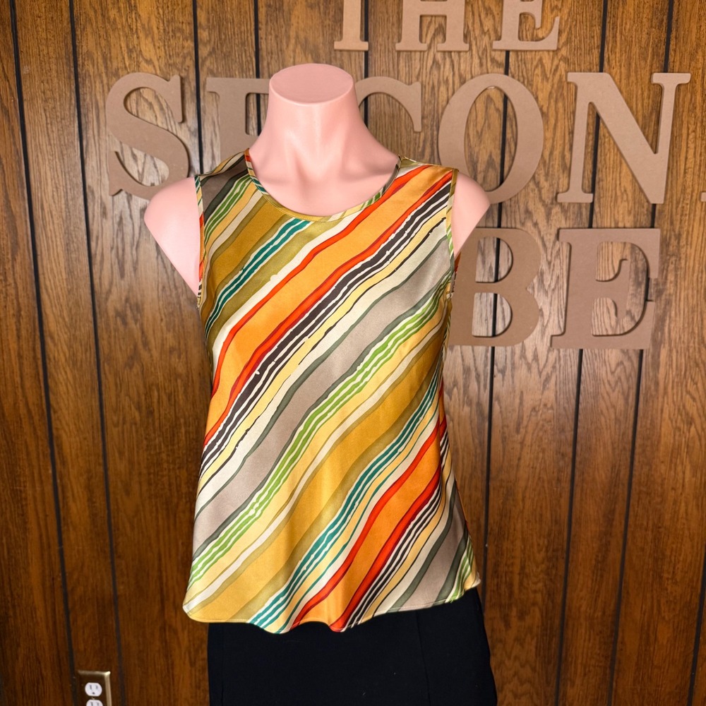 Petite Sophisticate Silk Tank Top Women 4 Orange Yellow Striped Retro Indie Folk
